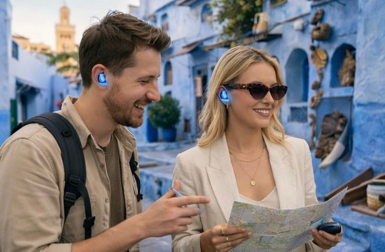 Travelers in the blue streets of Chefchaouen using Takalam AI translating earbuds