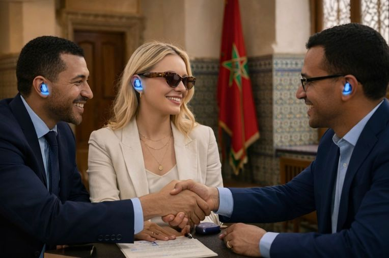 Business meeting in Rabat with Takalam AI translating earbuds