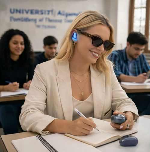 Student in a university lecture using Takalam AI translating earbuds