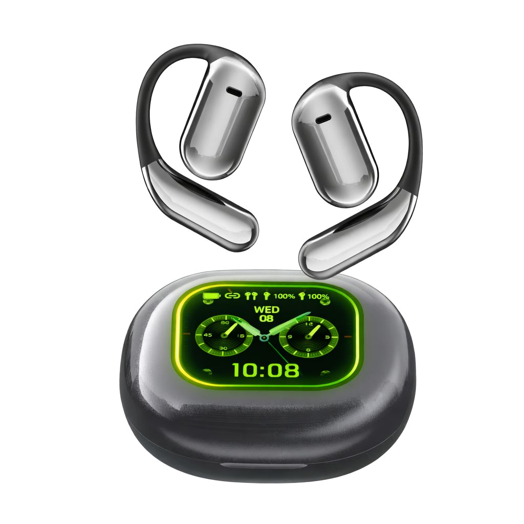Takalam Ai open-ear earbuds and smart charging case with LCD display